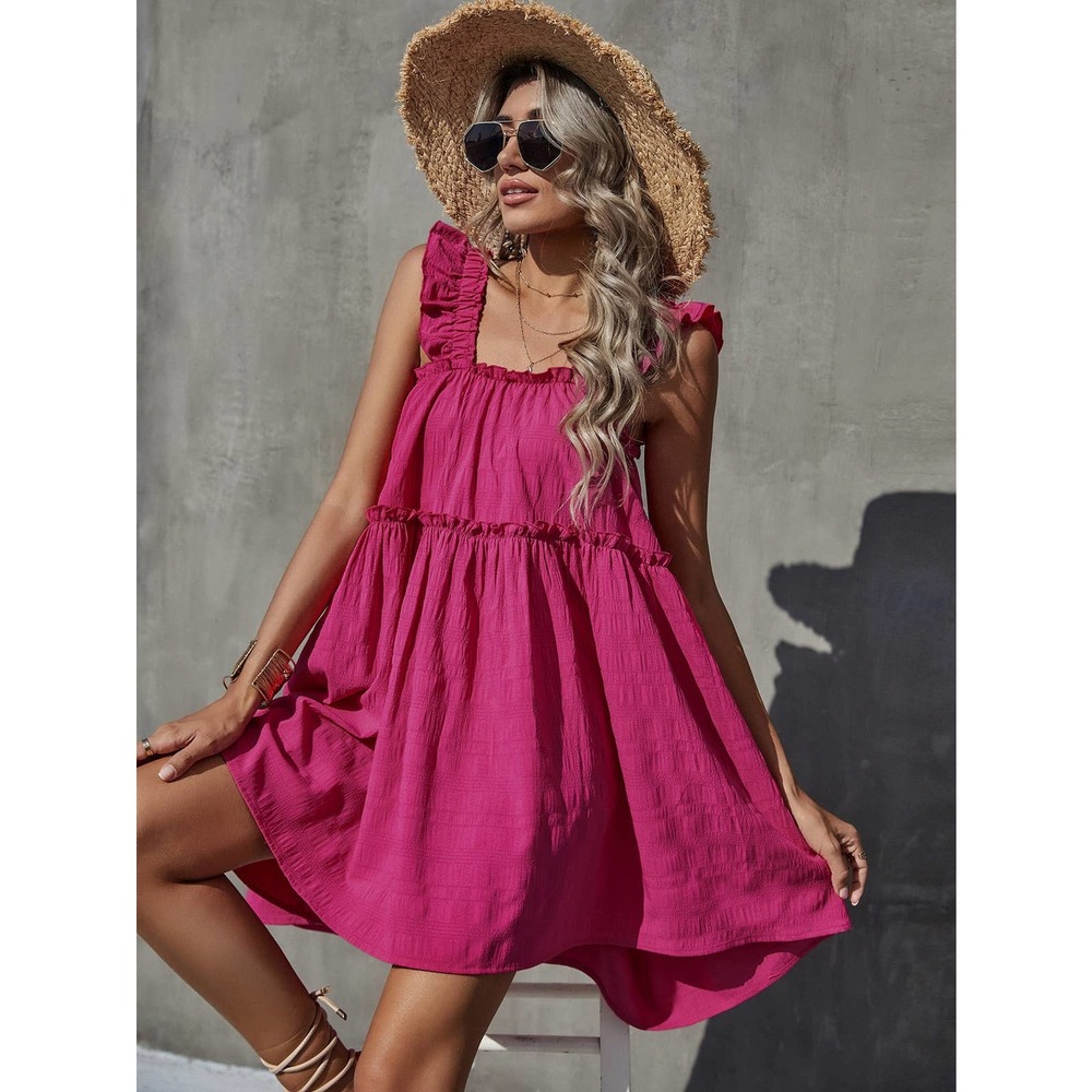 Boho Frill Trim Ruffle Hem square neck Dress red - Picture 6 of 7